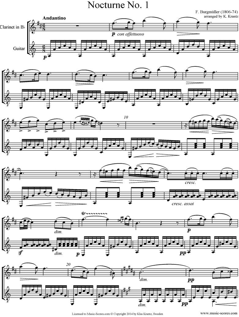 Front page of 3 Nocturnes: Clarinet, Guitar sheet music