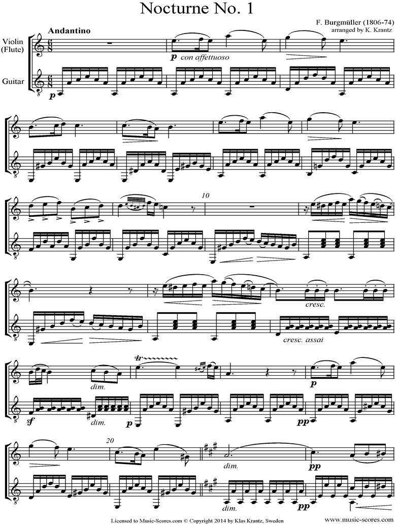 Front page of 3 Nocturnes: Violin, Guitar sheet music