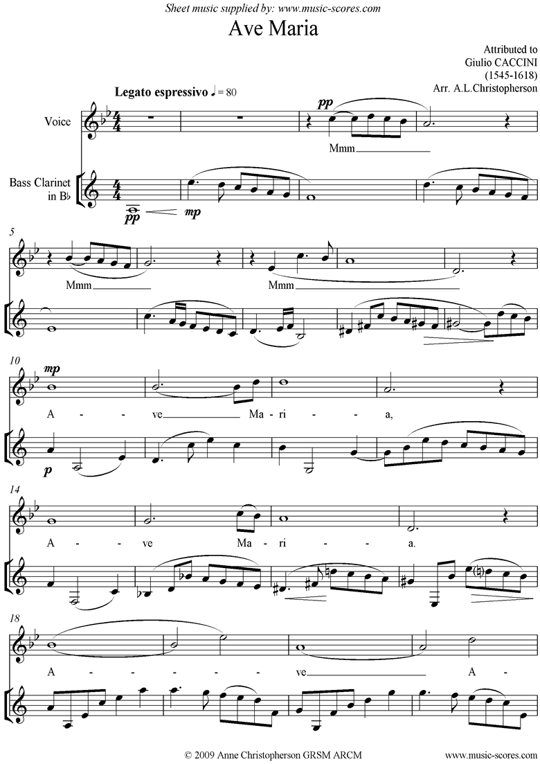 Front page of Ave Maria: Voice and Bass Clarinet sheet music