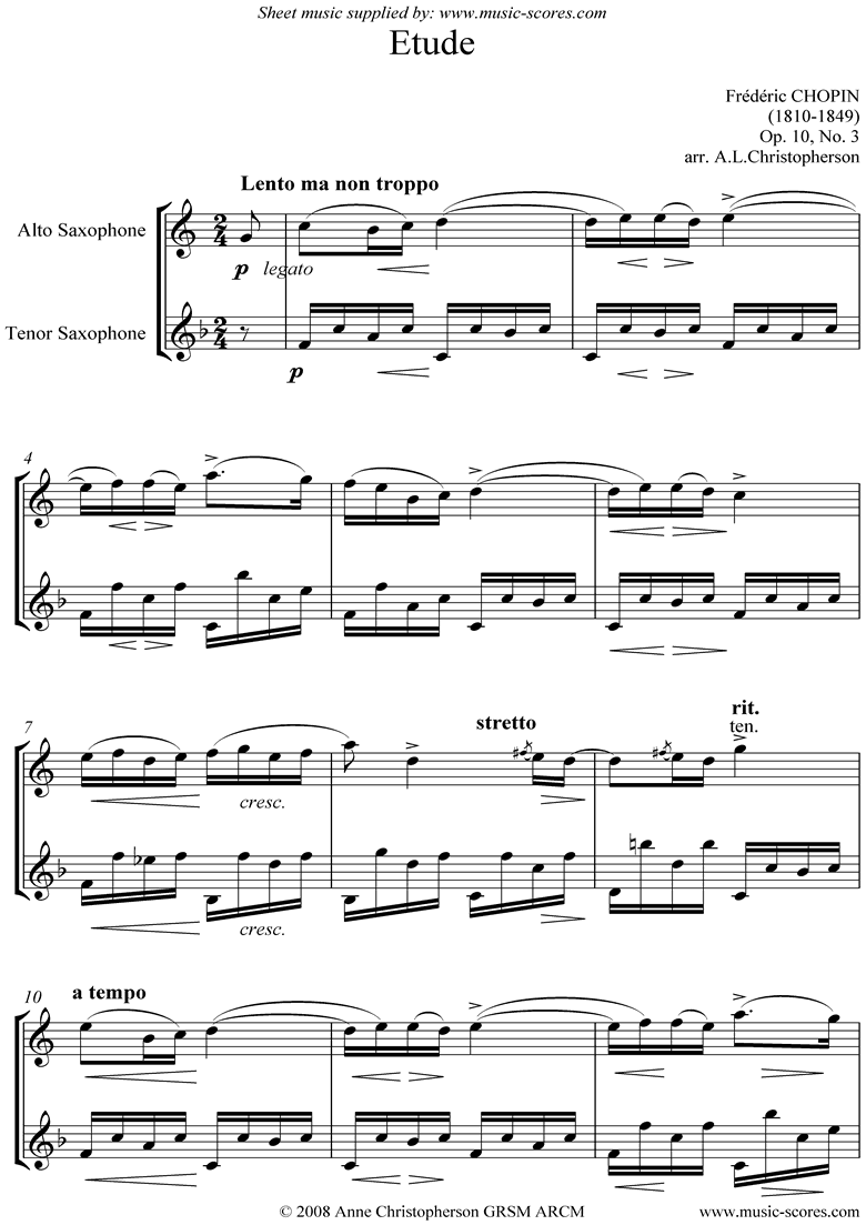 Chopin. Op.10 No.03 Etude Alto and Tenor Sax classical sheet music