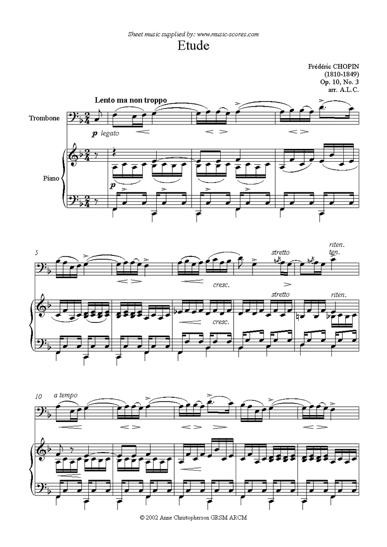 Front page of Op.10, No.03: Etude: Trombone sheet music