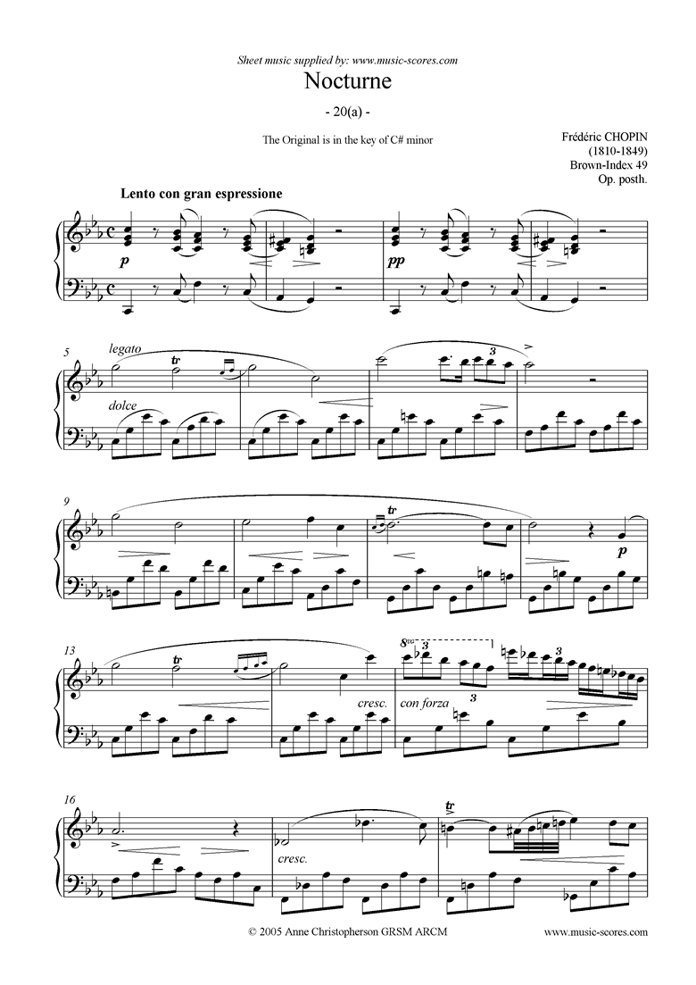 Front page of Op. posth. Nocturne 20a transposed into C minor sheet music