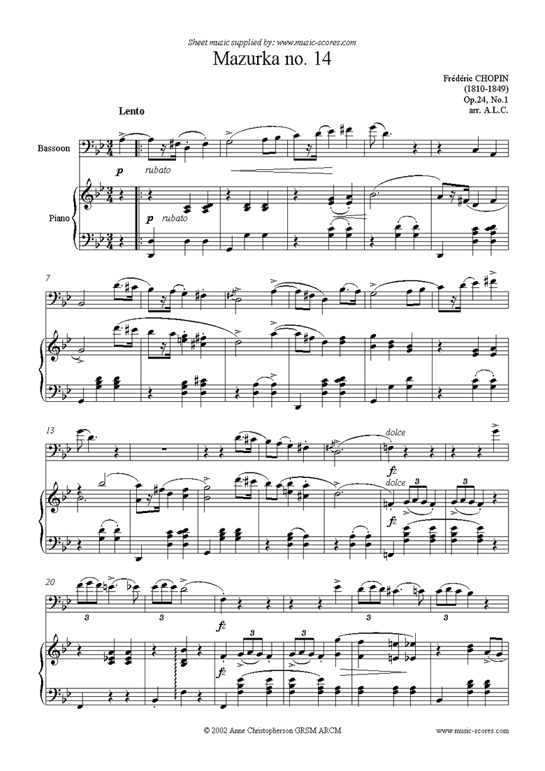 Front page of Op.24, No.01: Mazurka no.14 in G minor: bassoon sheet music