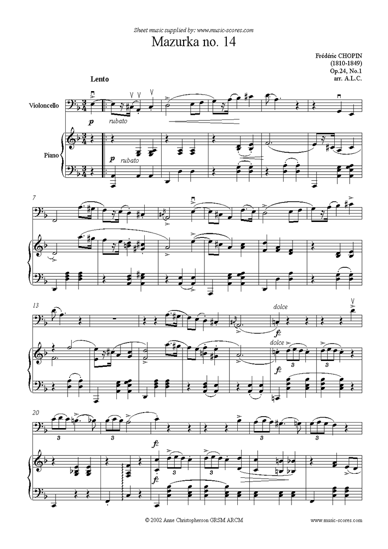 Front page of Op.24, No.01: Mazurka no.14 in G minor: cello sheet music
