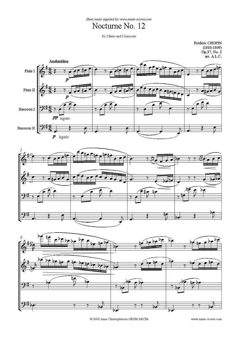 Front page of Op.37, No.02: Nocturne no.12:  2 flutes 2 bassoons sheet music