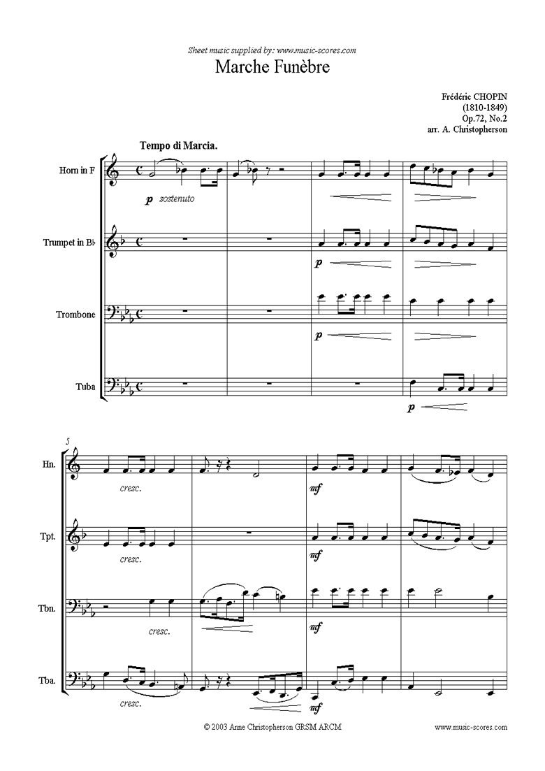 Front page of Op.72, No.02 posth: Marche Funebre cor tpt tbn tba sheet music