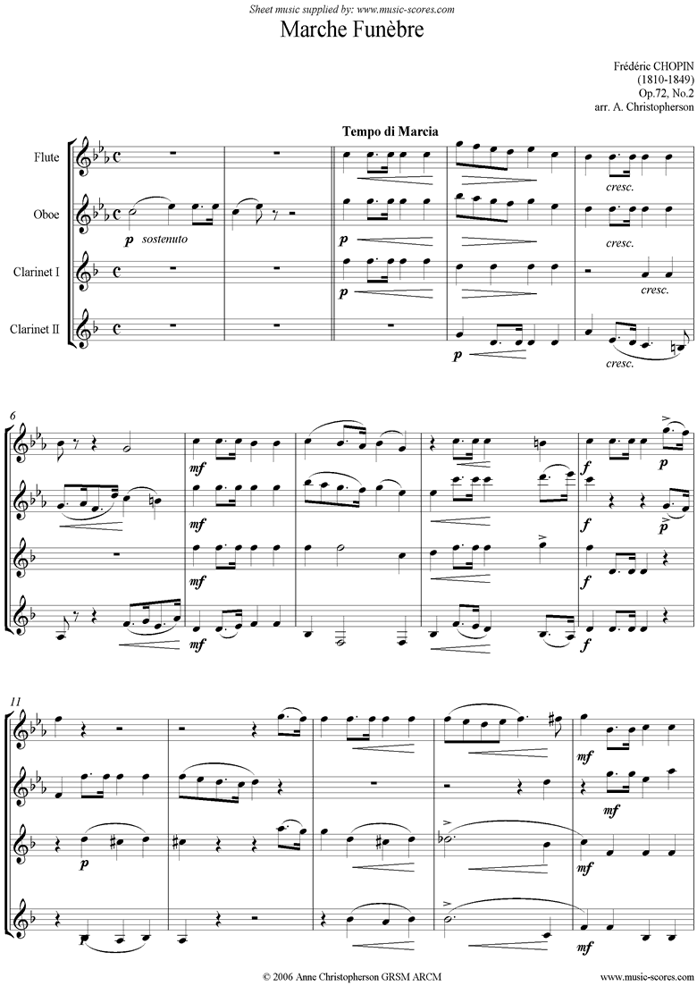 Front page of Op.72, No.02 posthumous: Marche Funebre fl ob 2cls sheet music