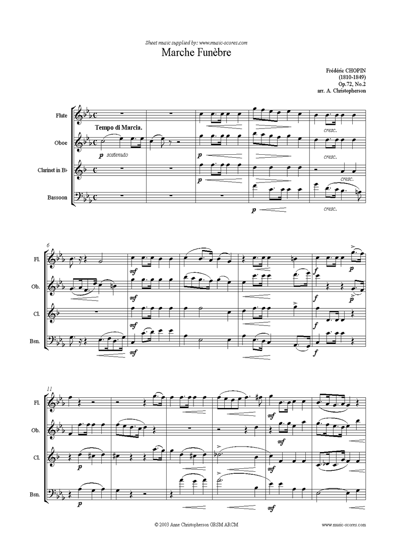 Front page of Op.72, No.02 posth: Marche Funebre fl ob cl fg sheet music