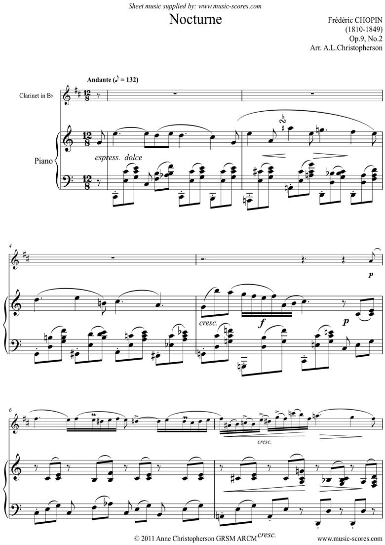 Front page of Op.09, No.02 Nocturne: Clarinet sheet music