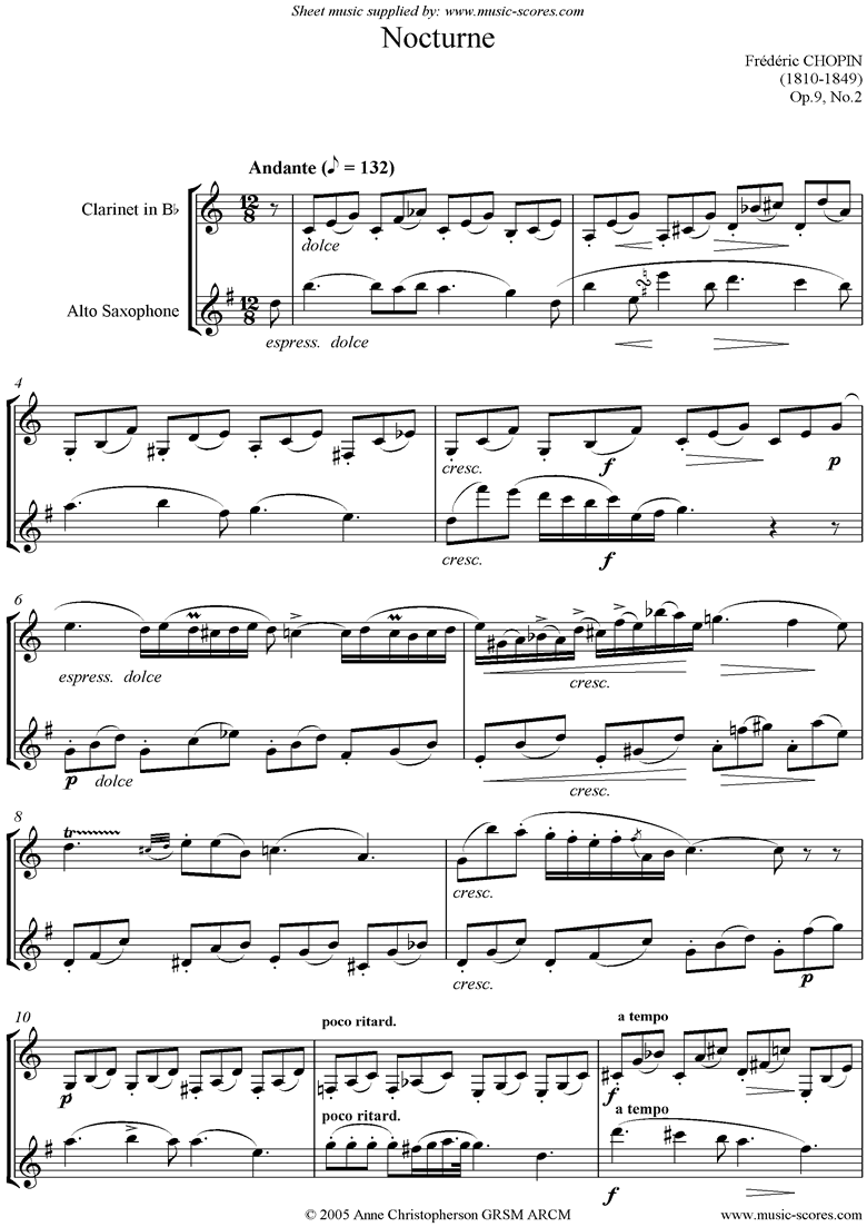 Front page of Op.09, No.02 Nocturne: Duo Clarinet and Alto Sax sheet music