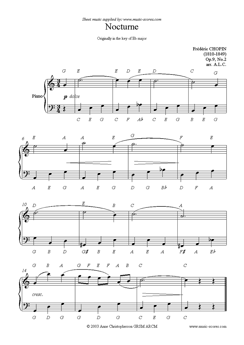 Front page of Op.09, No.02 Nocturne: easy sheet music