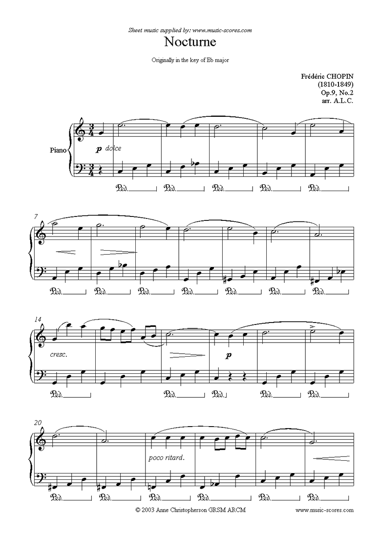 Front page of Op.09, No.02 Nocturne: simplified sheet music