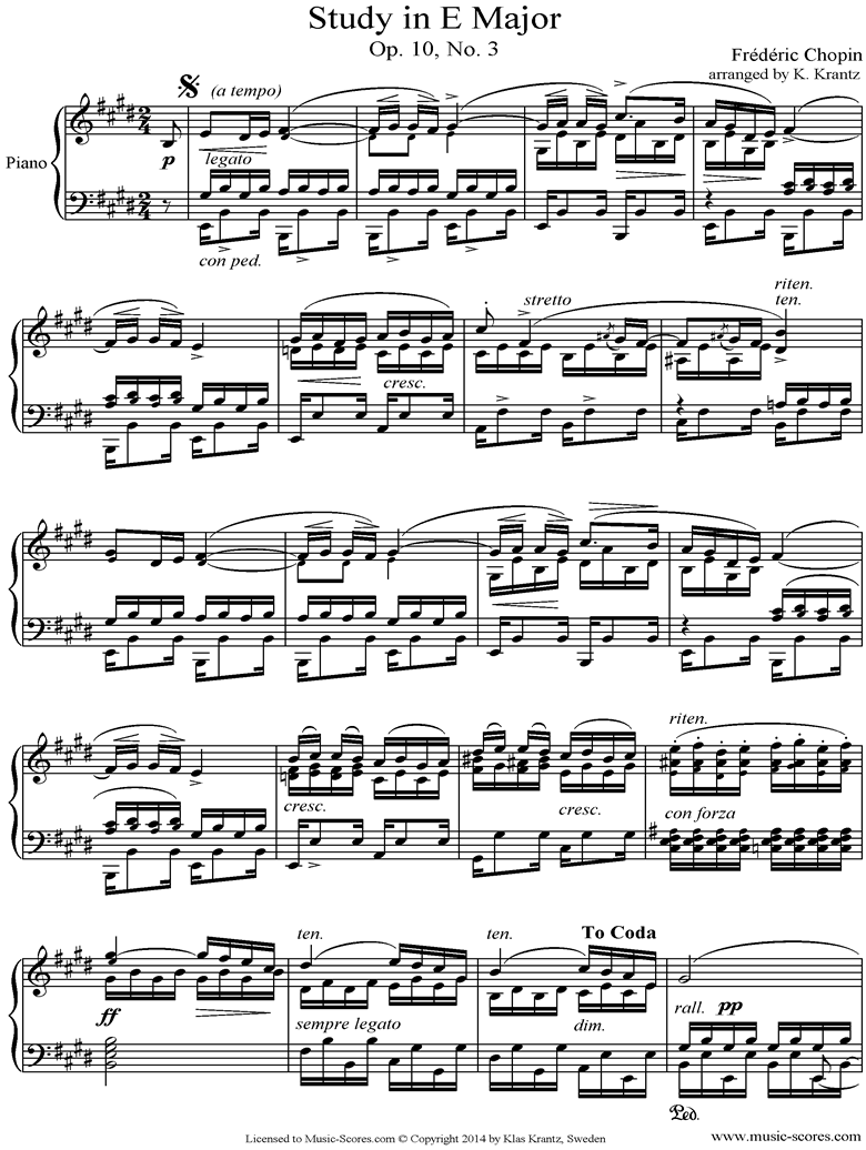 Front page of Op.10, No.03: Etude theme: Piano, E ma sheet music