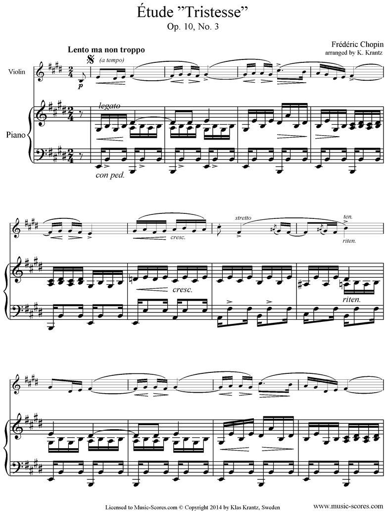 Chopin. Op.10, No.03 Etude Violin, Piano sheet music