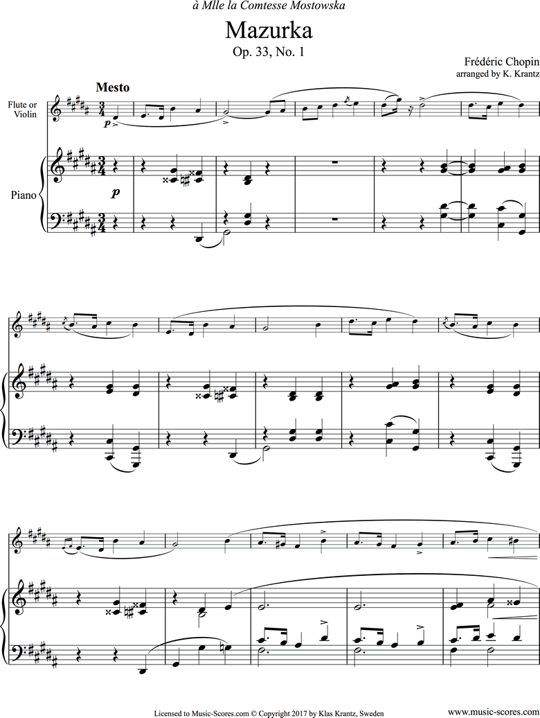 Front page of Op.33, No.01 Mazurka: Flute, Piano sheet music