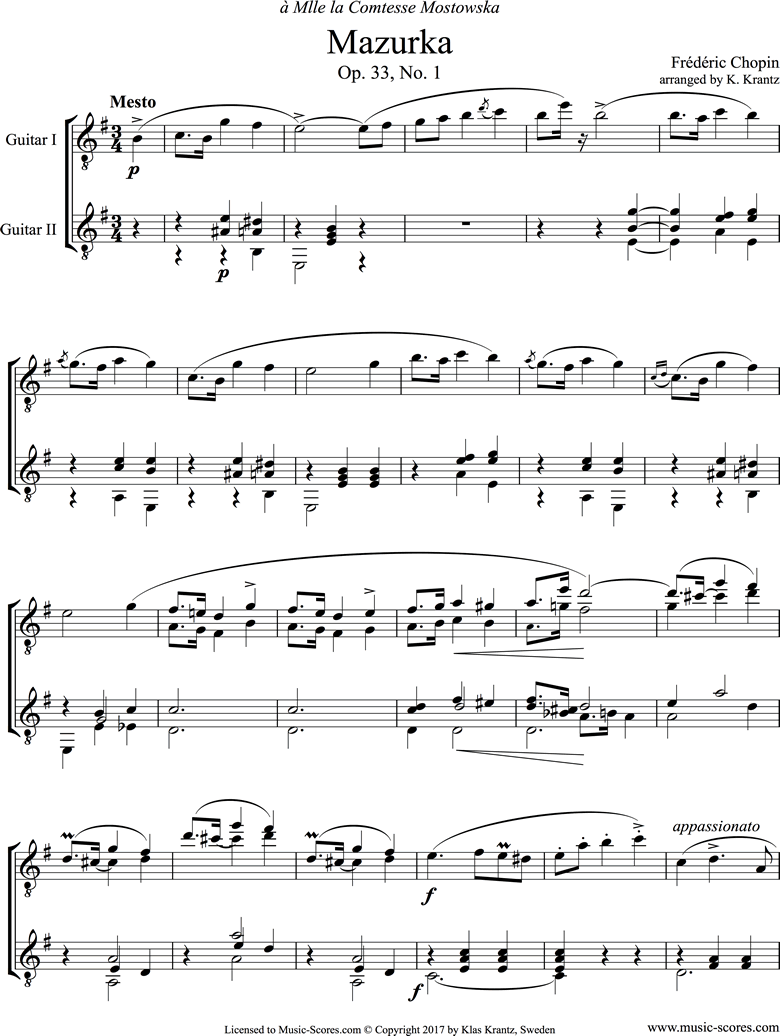Front page of Op.33, No.01 Mazurka: Guitar Duet sheet music