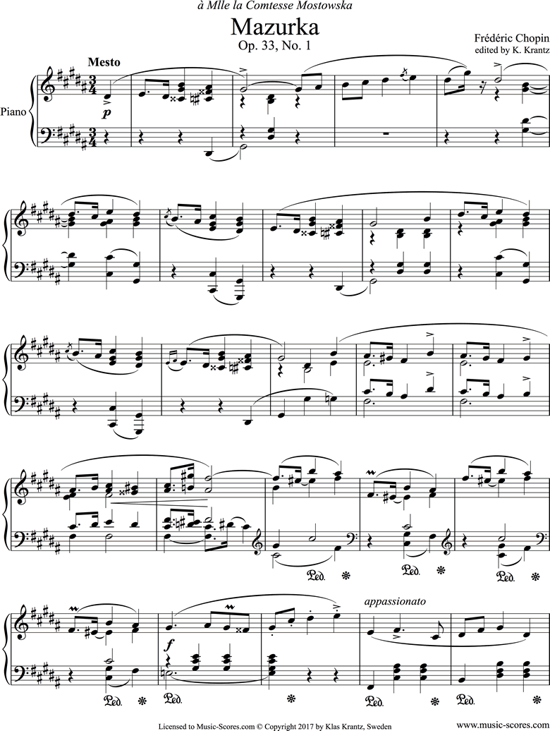 Front page of Op.33, No.01 Mazurka: Piano sheet music