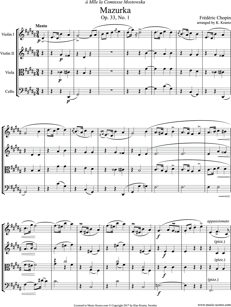 Front page of Op.33, No.01 Mazurka: String Quartet sheet music