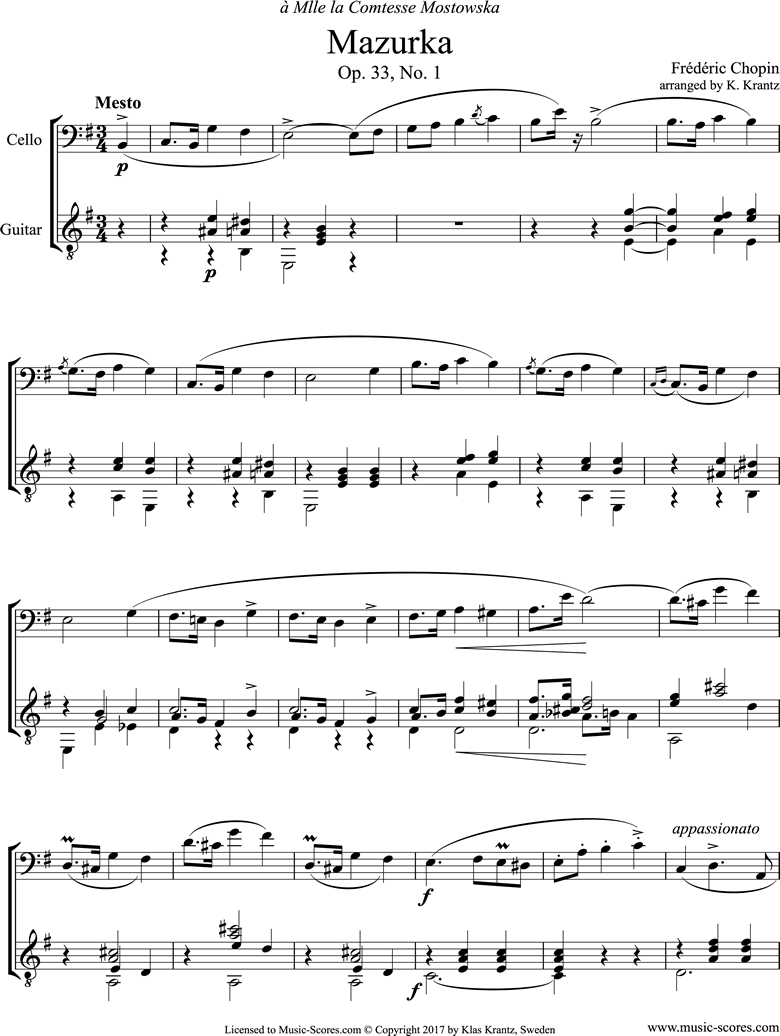 Front page of Op.33, No.01 Mazurka: Cello, Guitar sheet music