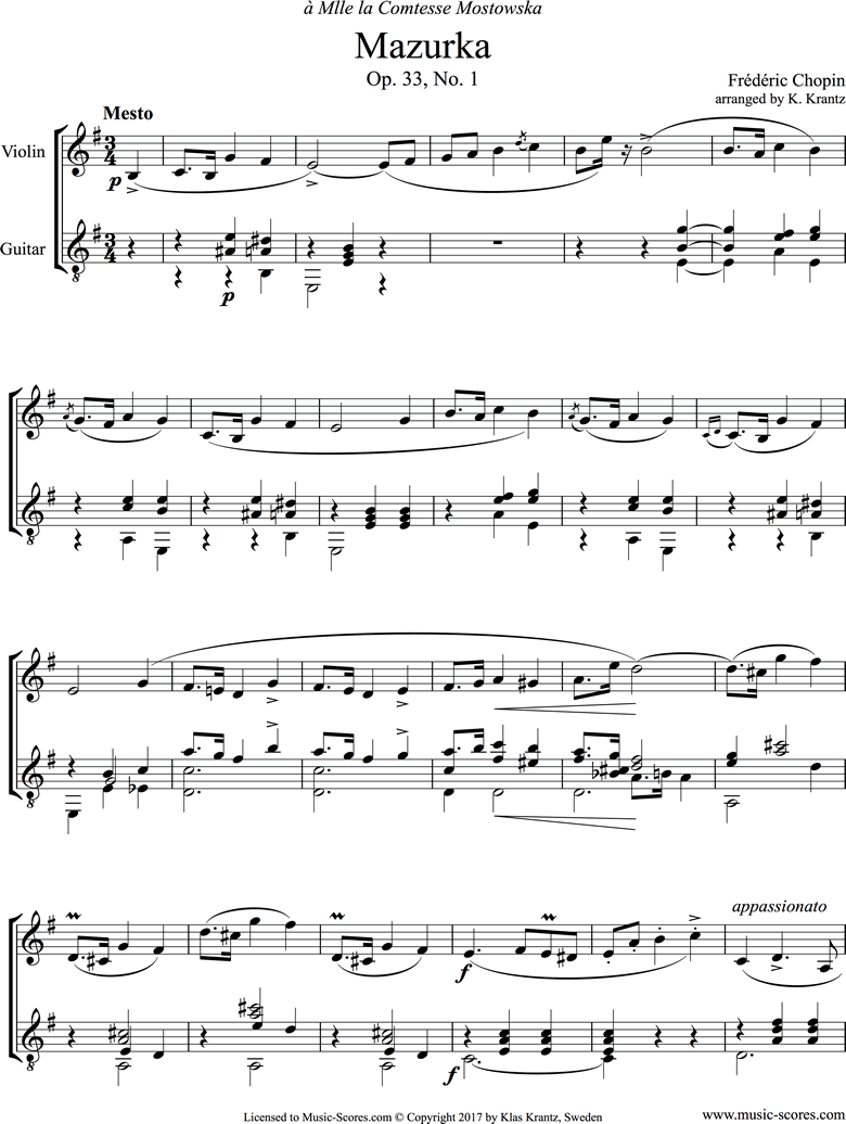 Front page of Op.33, No.01 Mazurka: Violin, Guitar sheet music