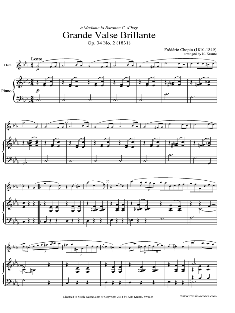 Chopin. Op.34, No.02 Waltz Flute, Piano classical sheet music