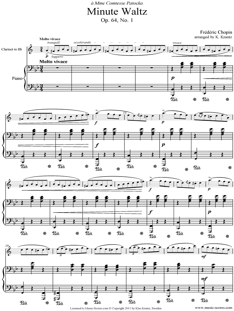 Front page of Op.64, No.01 Waltz: Clarinet, Piano sheet music