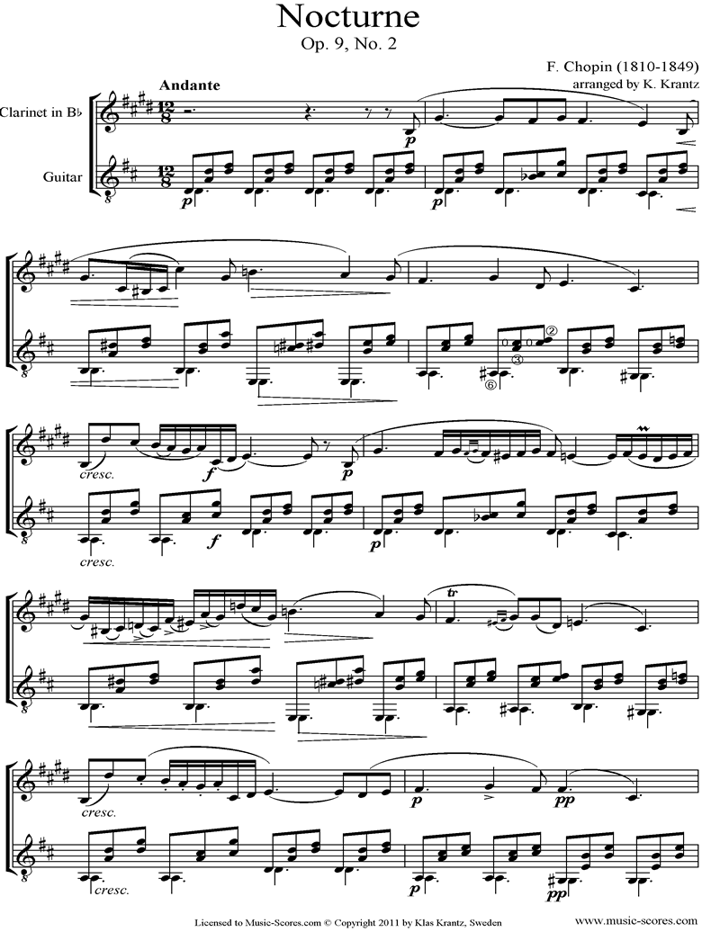 Chopin. Op.09, No.02 Nocturne Clarinet, Guitar classical sheet music