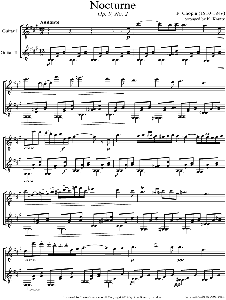 Chopin. Op.09 No.02 Nocturne Guitar Duet classical sheet music