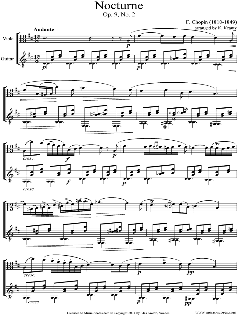 Front page of Op.09, No.02 Nocturne: Viola, Guitar sheet music