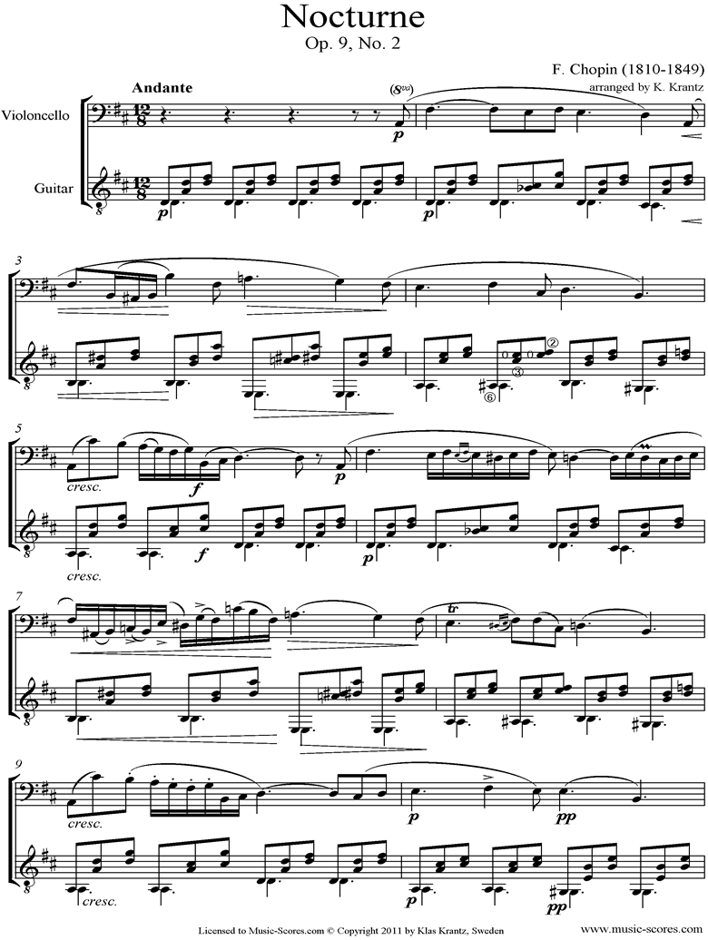 Front page of Op.09, No.02 Nocturne: Cello, Guitar sheet music