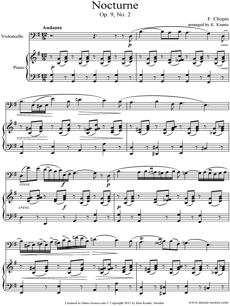 Front page of Op.09, No.02 Nocturne: Cello, Piano sheet music