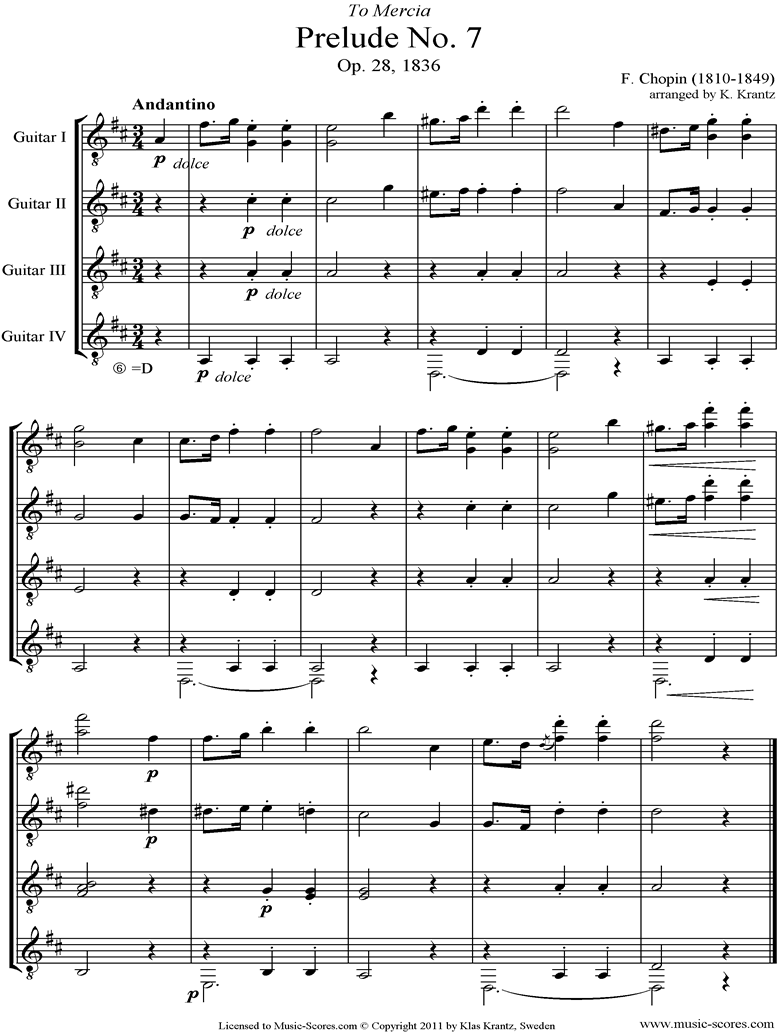Front page of Op.28, No.07: Prelude no. 7 in A: Guitar Quartet sheet music