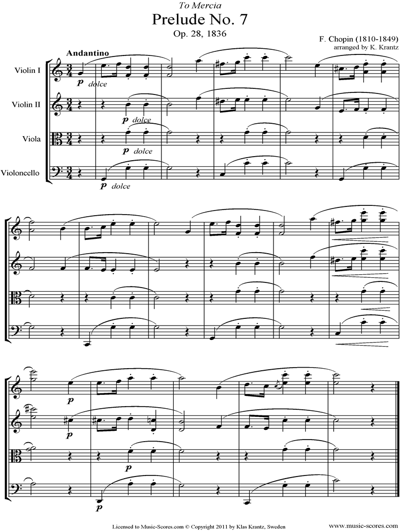 Front page of Op.28, No.07: Prelude no. 7 in A: String Quartet sheet music