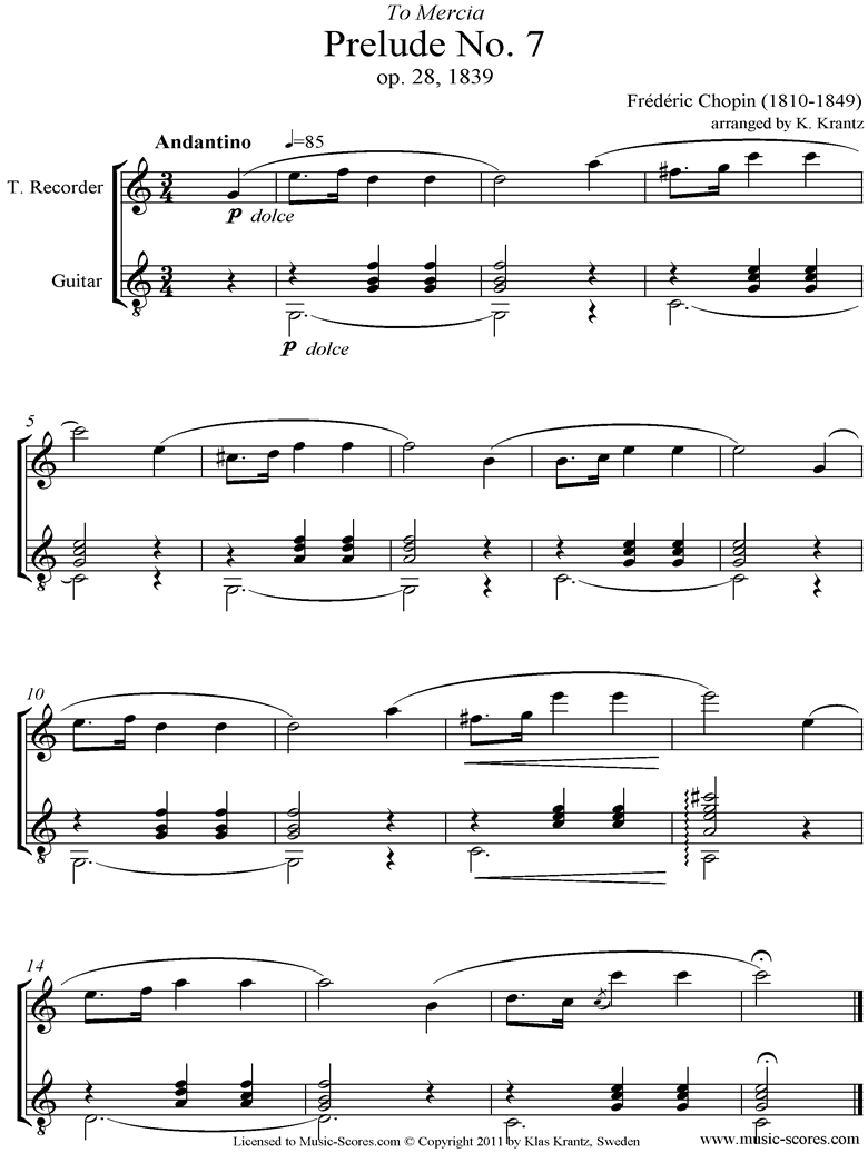 Front page of Op.28, No.07: Prelude no. 7 in A: Treble Recorder, Guitar sheet music