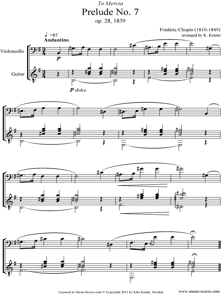 Front page of Op.28, No.07: Prelude no. 7 in A: Cello, Guitar sheet music