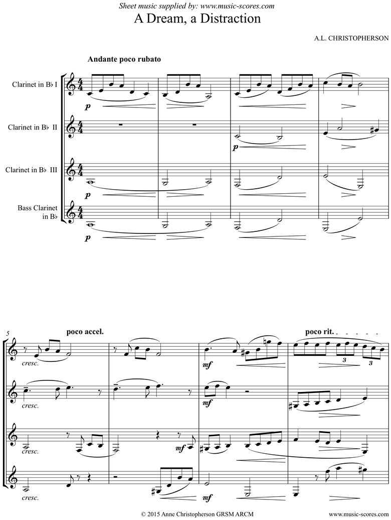 Front page of A dream, a distraction: 3 Clarinets, Bass Clarinet sheet music
