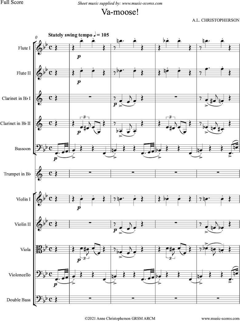 Front page of VaMoose: 2 Flutes, 2 Clarinets, Bassoon, Trumpet, 2 Violins, Viola, Cello, Double Bass sheet music