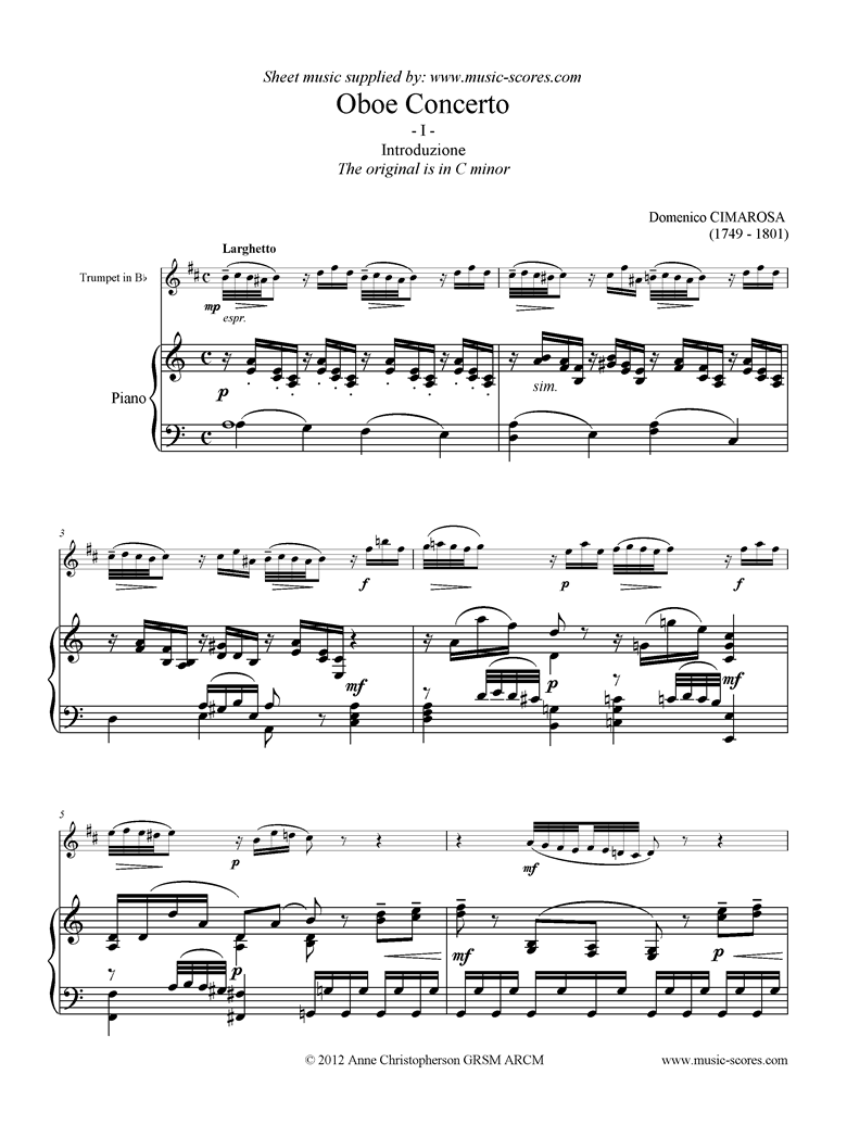Front page of Concerto: 1st mvt: Larghetto: Trumpet sheet music