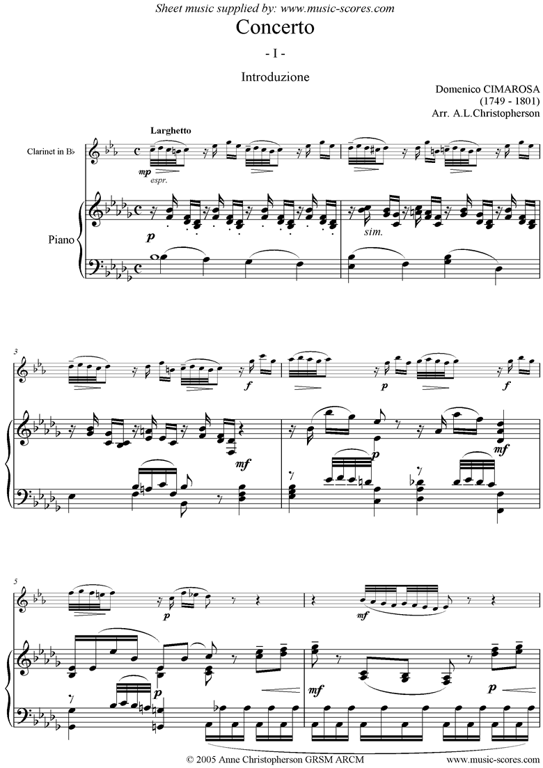 Front page of Concerto: 1st mvt: Larghetto: Clarinet sheet music