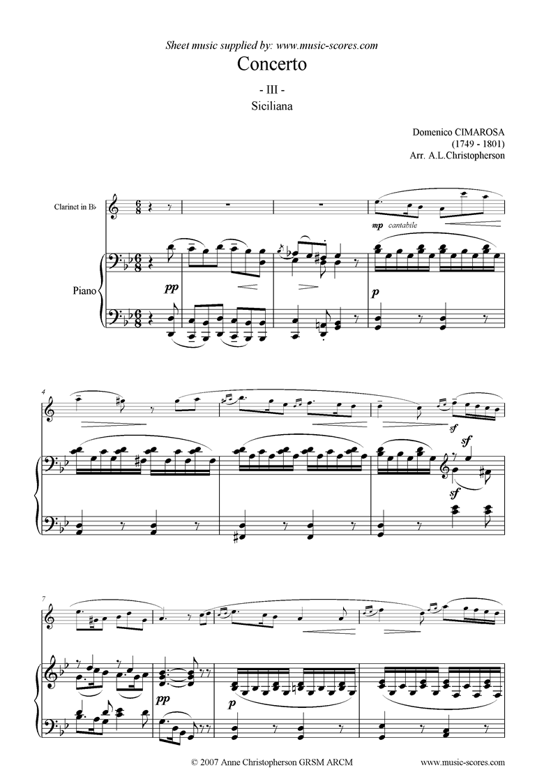 Front page of Concerto: 3rd mvt: Siciliana: Clarinet sheet music