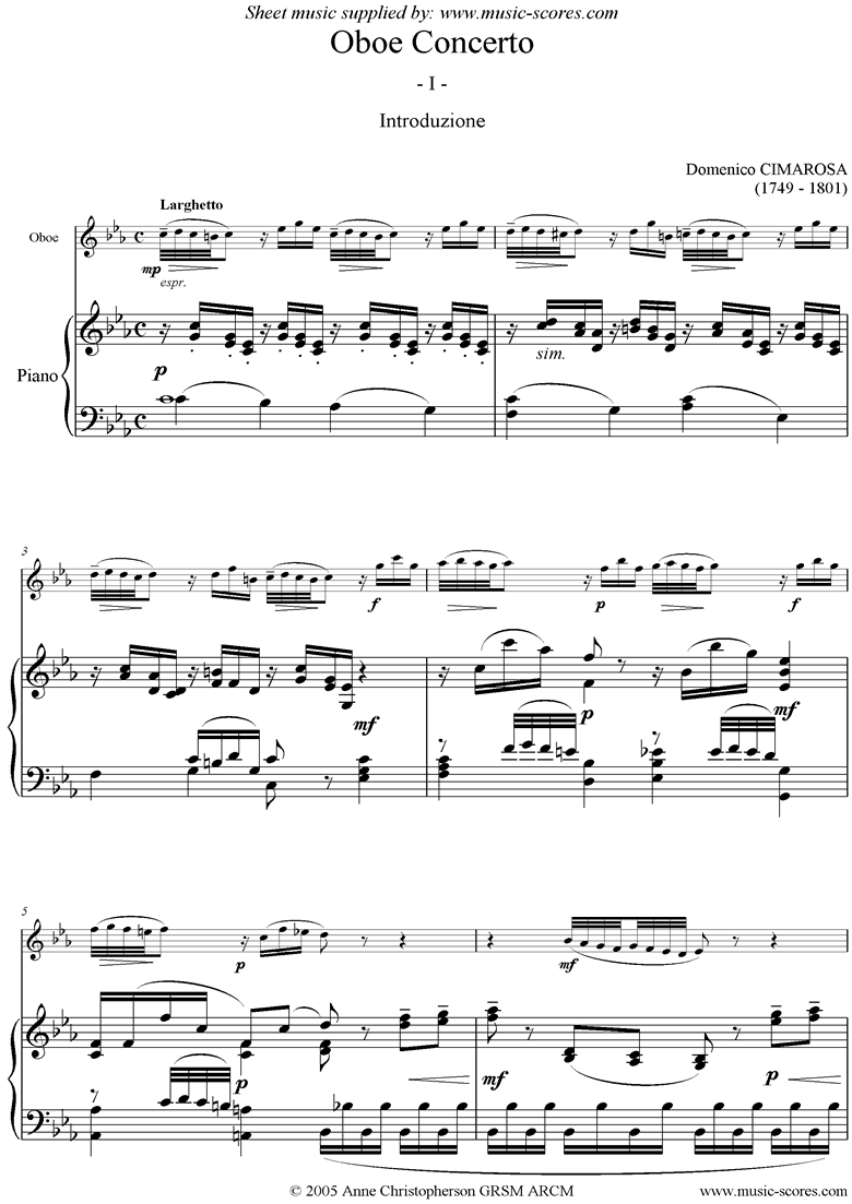 Front page of Oboe Concerto: 1st mvt: Larghetto: Oboe sheet music