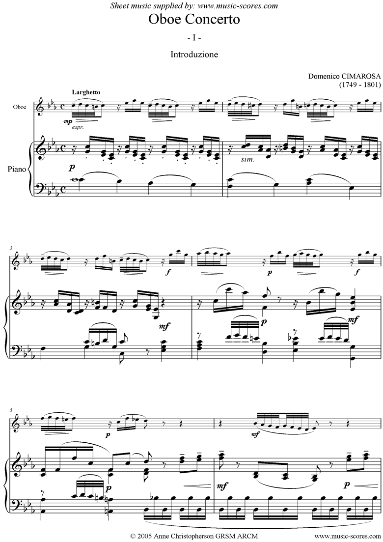 Cimarosa. Oboe Concerto 1st mvt Larghetto Oboe classical sheet music