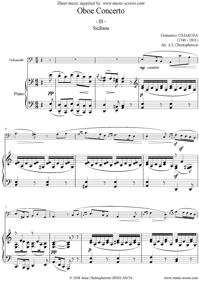 Front page of Concerto: 3rd mvt: Siciliana: Cello sheet music