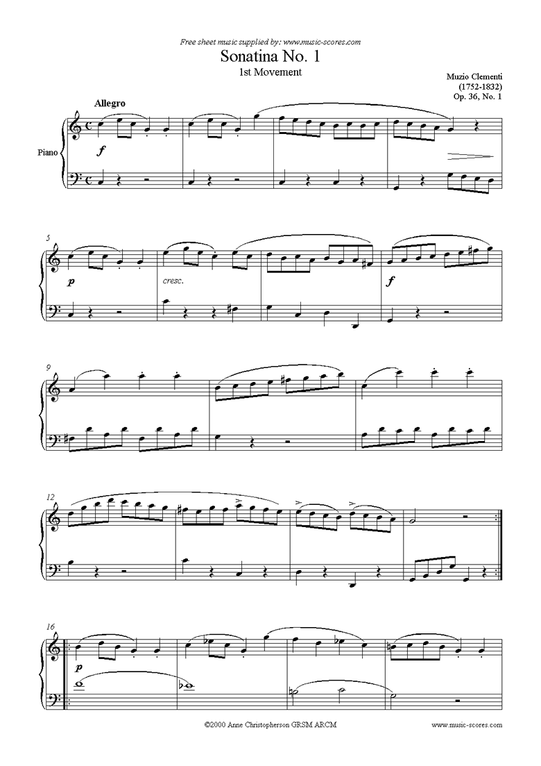 Front page of Op. 36, No. 1: Sonatina in C: 1st Movement sheet music