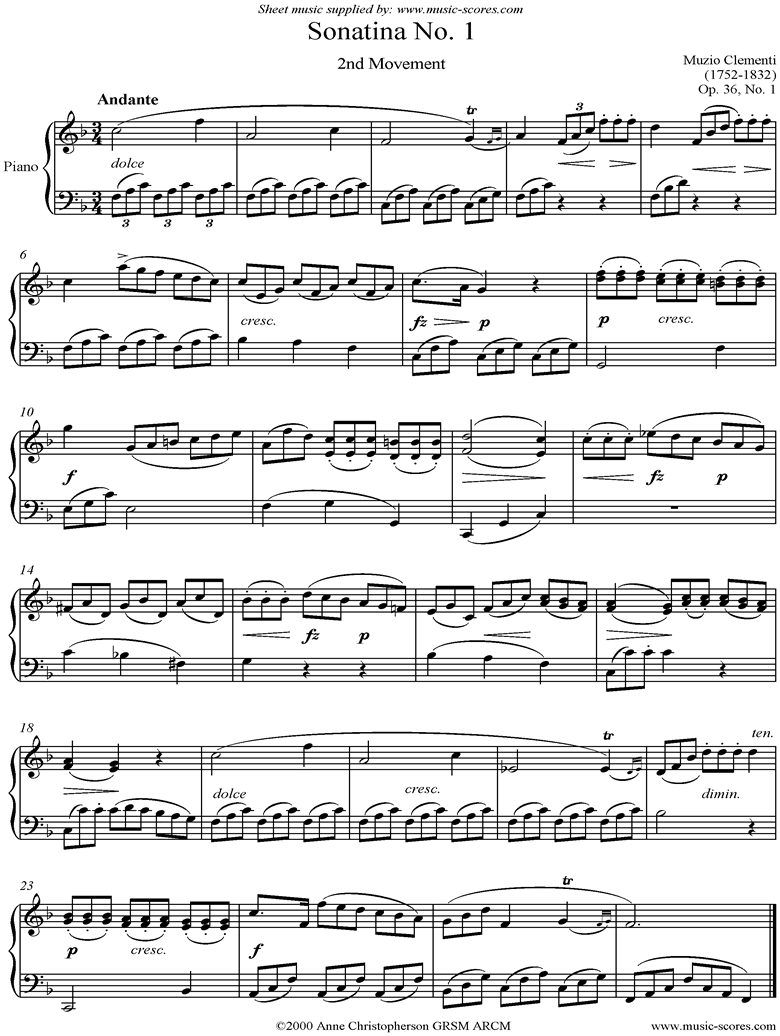 Front page of Op. 36, No. 1: Sonatina in C: 2nd Movement sheet music