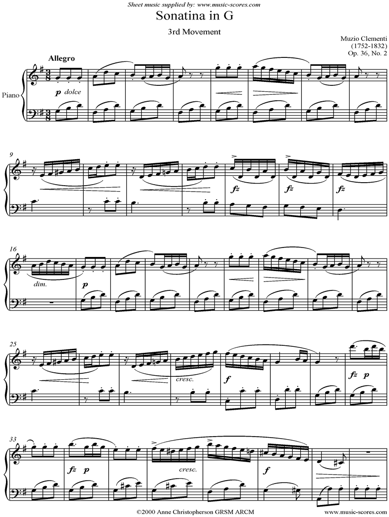Front page of Op. 36, No. 2: Sonatina in G: 3rd Movement sheet music