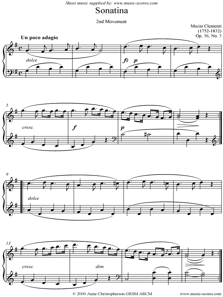 Front page of Op. 36, No. 3: Sonatina in C: 2nd Movement sheet music