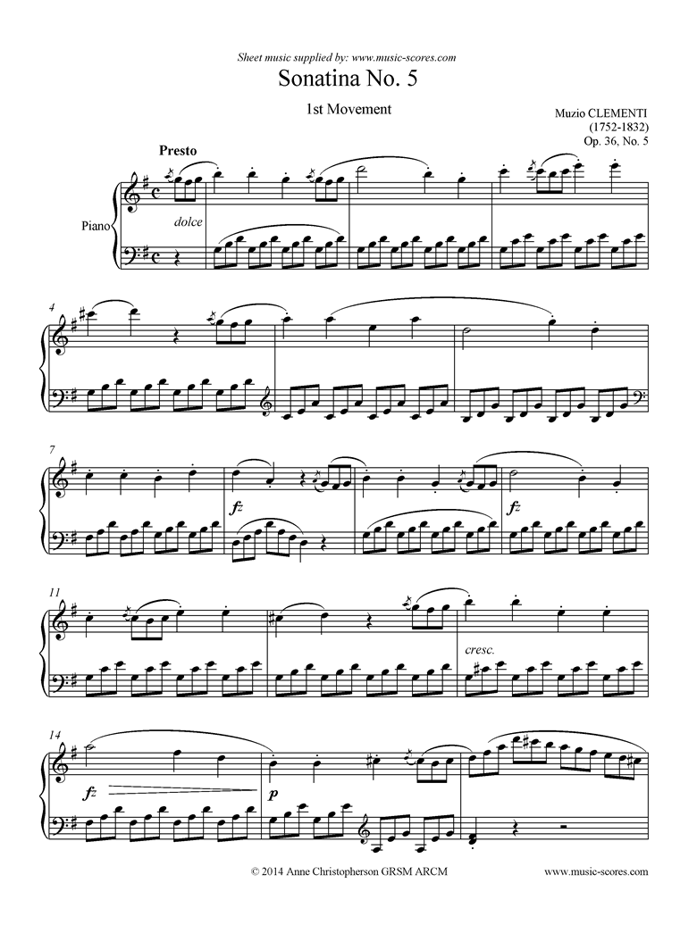 Front page of Op. 36, No. 5: Sonatina in G: 1st Movement sheet music