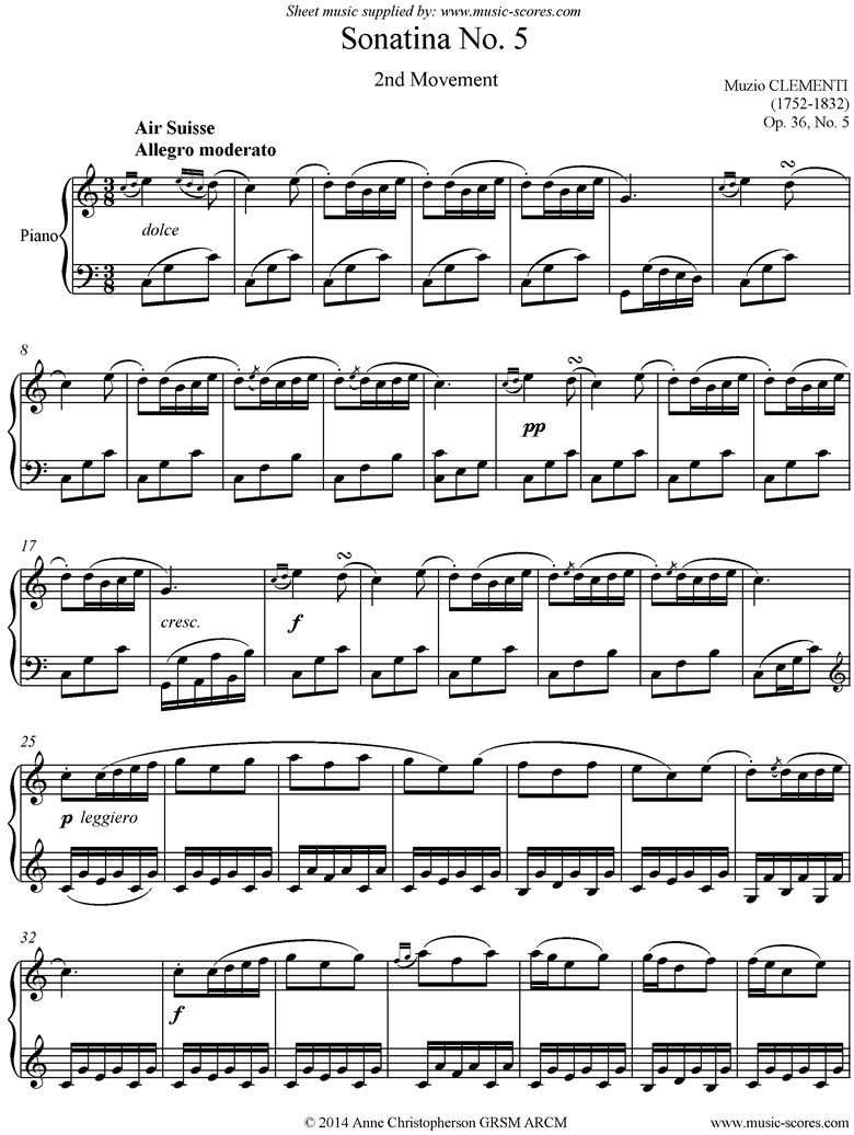 Front page of Op. 36, No. 5: Sonatina in G: 2nd Movement sheet music