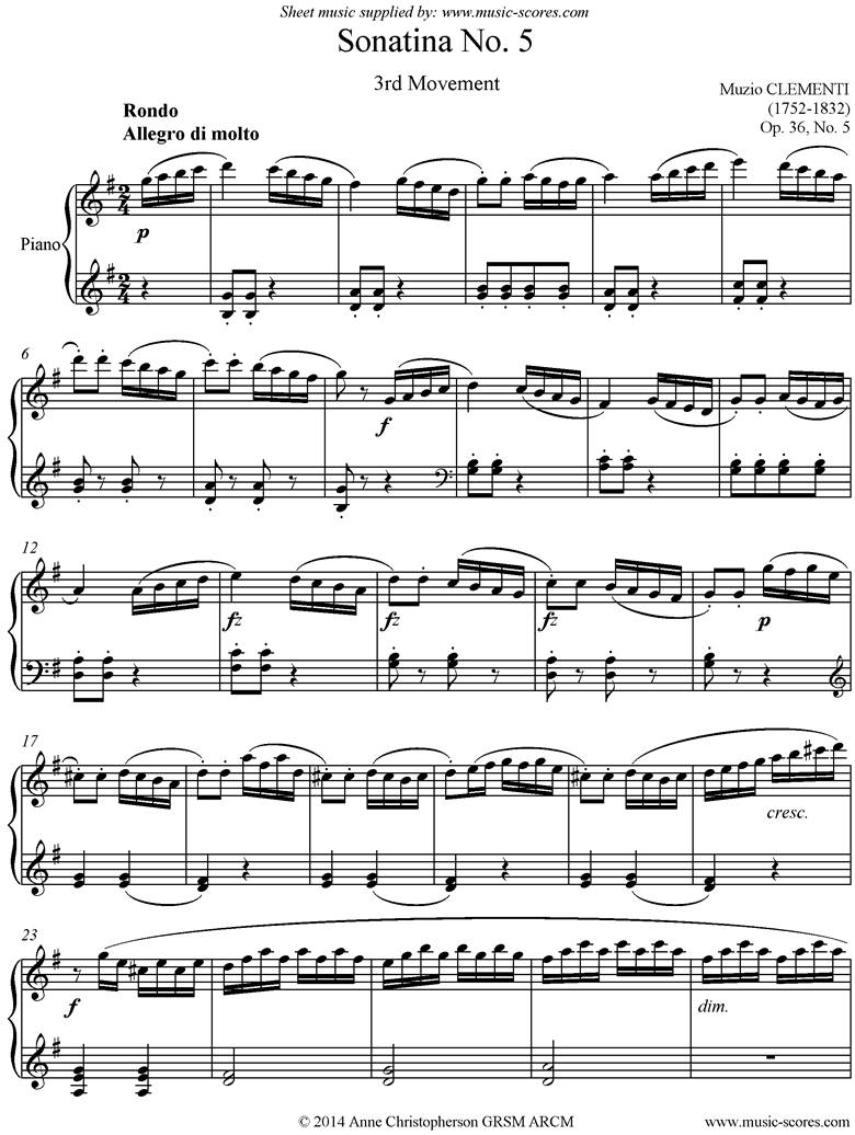 Front page of Op. 36, No. 5: Sonatina in G: 3rd Movement sheet music